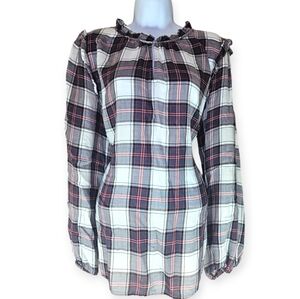 Loft white red black plaid ruffle blouse top Womens Large